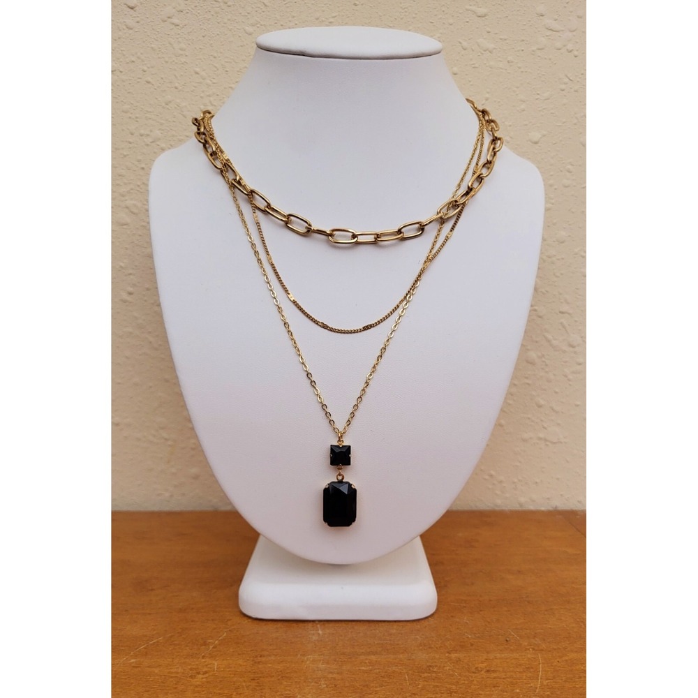 Pink Panache Triple Strand Gold Tone Chain Necklace Faux Black Onyx Drop Pendant